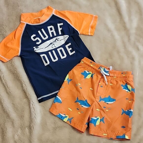 CARTER'S 2-PIECE ORANGE AND BLUE SWIM TRUNKS AND RASH GUARD, SIZE 3T - Picture 1 of 7